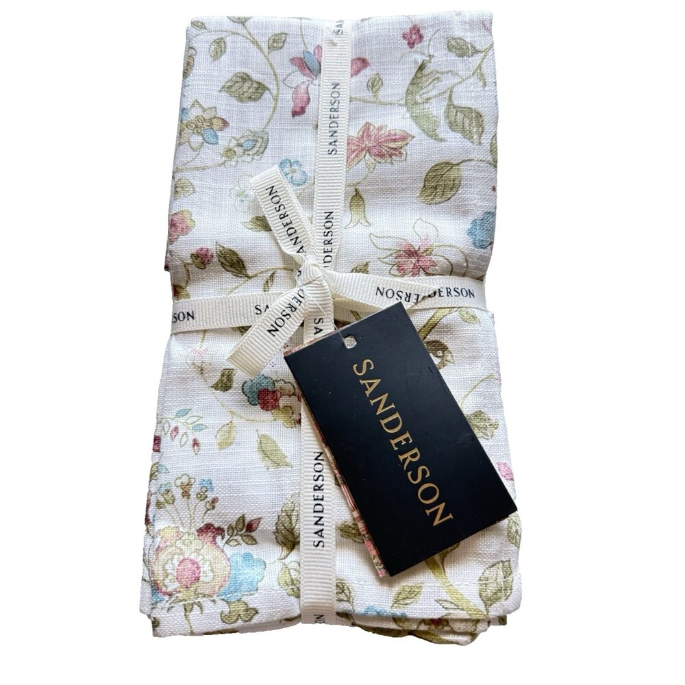 Sanderson Napkins Aril's Garden Floral Birds Green Pink Blue Cotton Set of 8